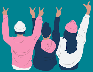 En illustration av tre personer som håller upp armarna